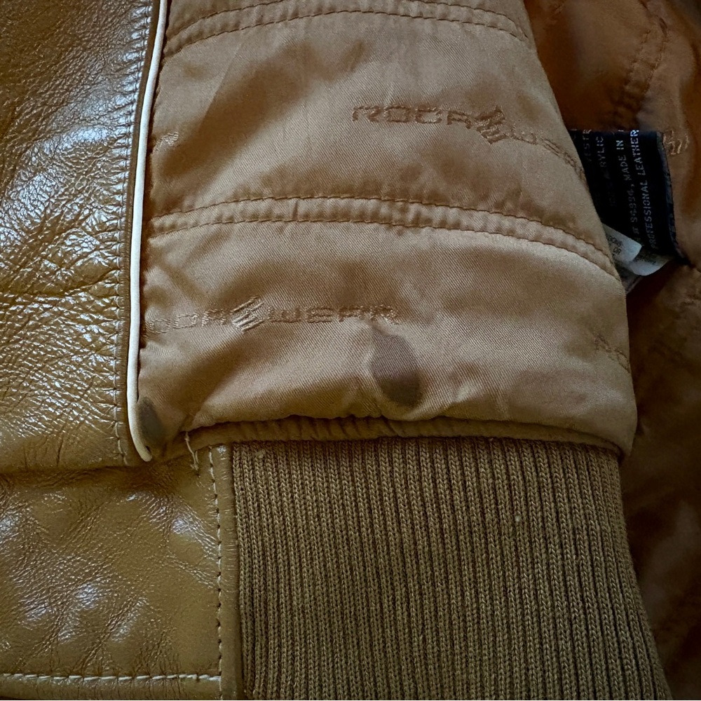 Men’s pre-owned Vintage Tan Rocawear Lamb’s Leather Bomber Coat - Picture 13 of 16